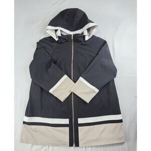 Jones New York Black Beige Hooded Full Zip Raincoat Trench Jacket Women's Sz XXL